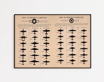 May include: A framed print titled "How to Identify Warplanes" featuring silhouettes of various aircraft. The print is divided into sections for the United States and Great Britain, with text and diagrams for identification.