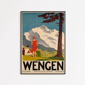 Póster de viaje vintage de Wengen, Suiza: Lámina artística de los Alpes suizos