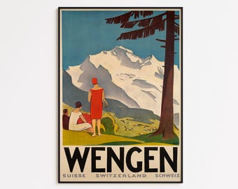 May include: Vintage travel poster for Wengen, Switzerland, featuring a woman in a red dress and hat, with two others, overlooking a mountain range. The poster has the word "Wengen" in large black letters, with "Suisse, Switzerland, Schweiz" below.