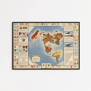 May include: A rectangular wall poster featuring a vintage azimuthal projection map of the world centered on the North Pole. The map is surrounded by a border of various national military insignia, aircraft illustrations, and descriptive text blocks.