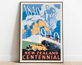 Vintage travel poster ‘New Zealand’ New Zealand Centennial Exhibition Poster: Vintage Style 1939 Retro
