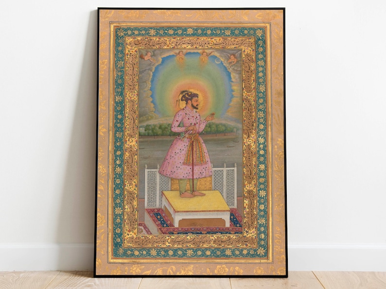 May include: A framed painting of a man in a pink and white patterned robe standing on a platform. The man is holding a small object in his right hand. The painting is surrounded by a gold and green frame with intricate designs.