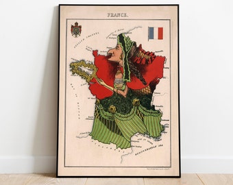 額入り1928年フランスの画家たちの地図：ヴィンテージキャンバス