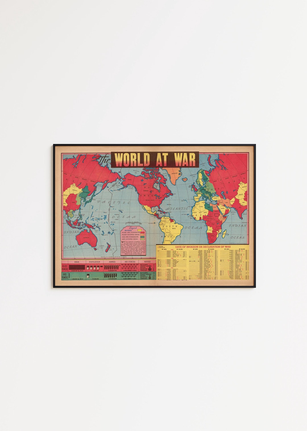 World War II Map Poster: Allies Vs Axis Military Decor - Etsy