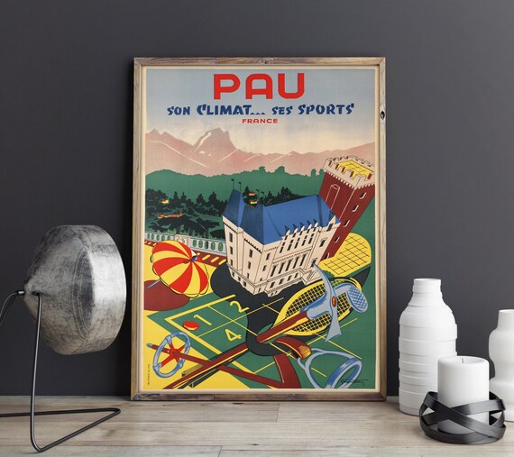 Poster Print France Wall Art Print Vintage Travel Print Pau Travel Poster Hanger Framed Print Canvas Print Wall Decor