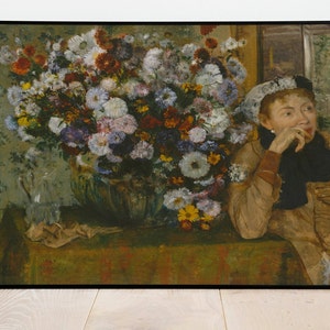 Una mujer sentada al lado de un jarrón de flores de Edgar Degasl Decor Art Poster/ Impresión de arte enmarcada / Lienzo de arte / Impresión de arte de pared / Impresión de póster