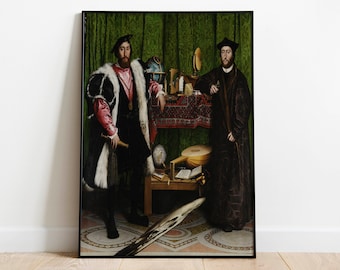 May include: A painting of two men in Renaissance clothing standing in front of a table with various objects, including a globe, a lute, and a mirror. The men are wearing black and red clothing with fur trim. The background is a green curtain.