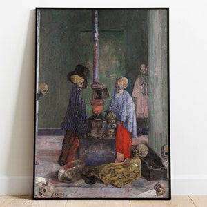 May include: A painting depicting a group of skeletons in a room with a fireplace. The skeletons are dressed in clothing and appear to be interacting with each other. The painting is done in a dark and moody style, with a focus on the details of the skeletons' faces and clothing.
