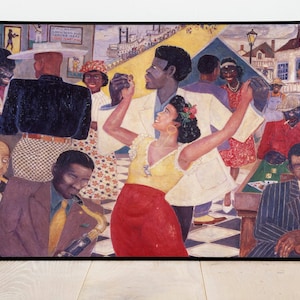 Pode incluir: Uma pintura que retrata uma cena animada de pessoas dançando e socializando em um ambiente colorido. A pintura apresenta uma mistura de pessoas de diferentes idades e raças, todas vestidas com roupas coloridas. A cena se passa em um espaço público, possivelmente uma rua ou um parque, com edifícios e árvores ao fundo.