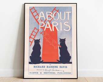 Paris Vintage Poster Art Print: Cats & Windmill Wall Decor
