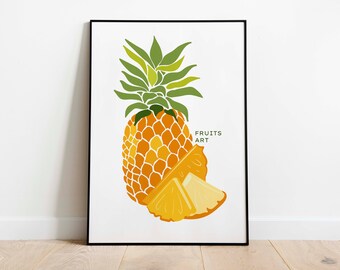 May include: A framed print of a stylized pineapple with green leaves and a yellow and orange body. The pineapple is sliced in half and the text "FRUITS ART" is printed in green below the pineapple.