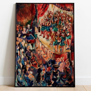 May include: A colorful abstract painting depicting a group of people on a stage. The painting is done in a vibrant palette of reds, blues, greens, and yellows. The figures are stylized and expressive, and the overall effect is one of energy and movement.