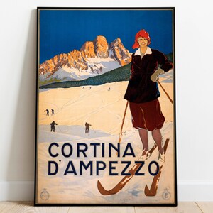 Cartel vintage de Cortina d&#39;Ampezzo/ Impresiones de viajes vintage de Italia/ Impresión de carteles/ Impresiones enmarcadas/ Impresiones de pared/ Impresión enmarcada de percha/ Arte de póster