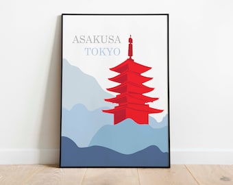 Impresión artística de Asakusa, Tokio: Póster de viaje de la pagoda japonesa