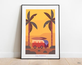 Minimalist California Travel Art Print: Palm Trees & Surf Van