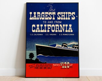 California Travel Poster Art Print: Vintage Ship Wall Decor