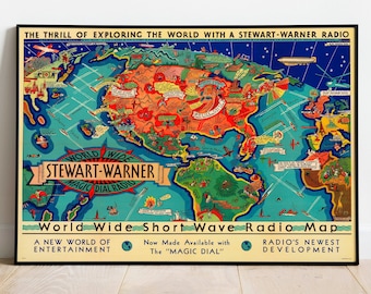 Short Wave Radio World Wide Map Wall Poster Framed Art Wall Decor Vintage Map Canvas Wall Art Home Decor Wall Print