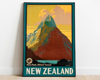 Milford Sound Poster Vintage| Framed Art| Mitre Peak Vintage Travel Poster| Canvas Print Wall Art| Wall Prints| Poster Art| Wall Art Decor