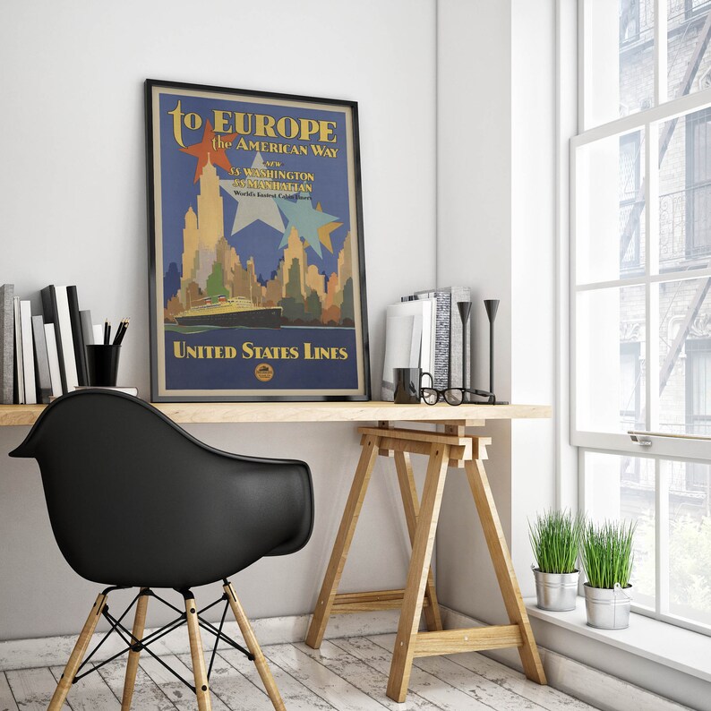 May include: Vintage travel poster advertising United States Lines for travel to Europe. The poster features a blue background with a large white star and the text "To Europe the American Way with the S.S. Washington and S.S. Manhattan World's Fastest Cabin Ships" and "United States Lines".