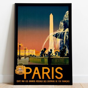 May include: Vintage travel poster depicting a nighttime view of a fountain in Paris, France. The poster is in shades of blue, yellow, and orange. The text on the poster reads "Paris" and "Edite par les grands reseaux des chemins de fer francais".
