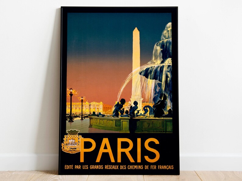 May include: Vintage travel poster depicting a nighttime view of a fountain in Paris, France. The poster is in shades of blue, yellow, and orange. The text on the poster reads "Paris" and "Edite par les grands reseaux des chemins de fer francais".