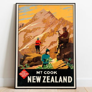Mount Cook Vintage Travel Poster: New Zealand Art Print