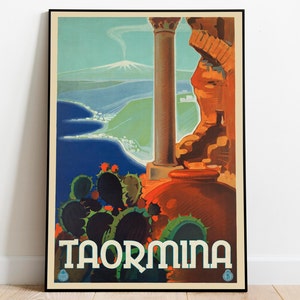 Sizilien Poster Vintage| Gerahmte Kunst| Taormina Vintage Reise Poster | Leinwandbild Wandkunst| Wandbilder| Poster Kunst| Wandkunst Dekor