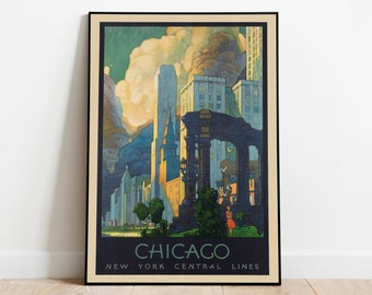 Chicago Vintage Travel Poster: Art Deco Cityscape, Framed Art Print