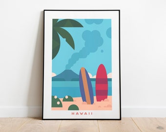 May include: A framed illustration of a tropical beach scene with a volcano in the background, two surfboards on the sand, and the word "HAWAII" at the bottom.