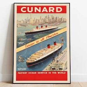 Cunard Line Europe to All America Vintage Travel Poster| Wall Art Canvas| Poster Art| Framed Prints| Poster Print| Gallery Wall Prints