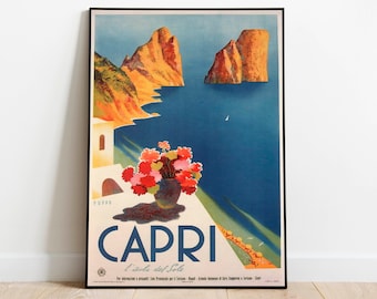 Plakat podróżniczy w stylu vintage Capri Italy: sztuka ścienna w stylu retro