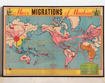 Human Migrations of the World Map Wall Poster Framed Art Wall Decor Vintage Map Canvas Wall Art Home Decor Wall Print