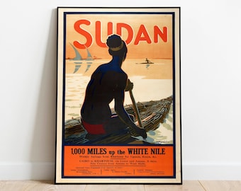 Plakat z podróży do Sudanu: wydruk artystyczny w stylu vintage, Biały Nil