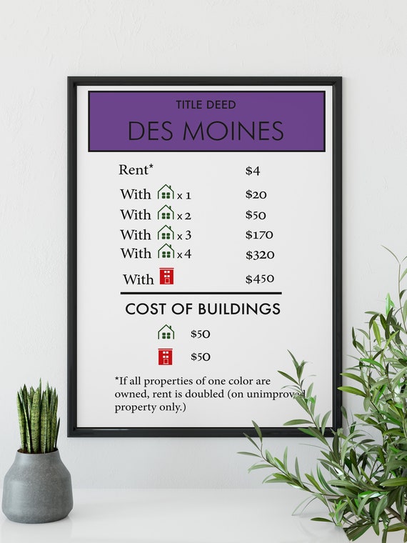 Monopoly Poster Custom Monopoly Des Moines Board Game Etsy