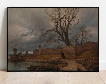 May include: A painting depicting a lone figure walking on a path towards a stone wall and a large tree. The sky is overcast with dark clouds. The scene is set in a rural landscape with a river in the foreground.