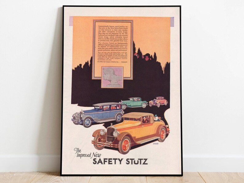 May include: Vintage advertisement for the Safety Stutz car. The ad features a black and white illustration of a city skyline with a yellow car in the foreground. The text "The Improved New SAFETY STUTZ" is at the bottom of the ad.