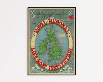 May include: Vintage framed print of a life-boat chart of the British Isles. The map is in green and blue, with text in red and black. The print includes the text "Royal National Life-Boat Institution."