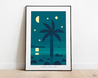 South Carolina Art Print: minimalistische reisposter, muurdecoratie