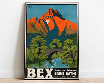 Bex Poster Print| Switzerland Vintage Travel Poster| Brine Baths| Framed Art Print| Wall Print| Canvas Print Wall Decor| Hanger Framed Print