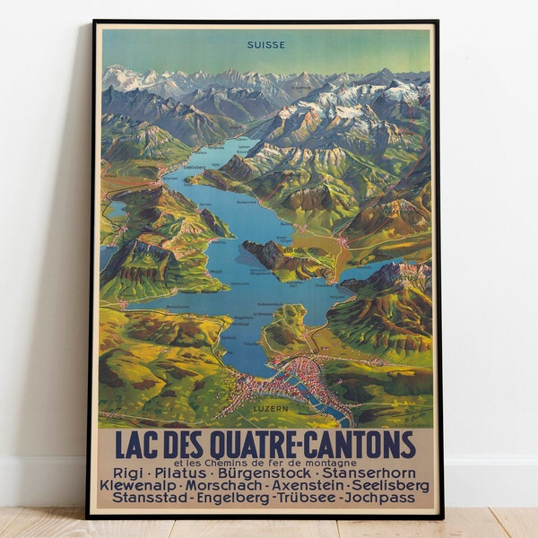 Lake Lucerne Travel Poster| Vintage Travel Print| Switzerland Wall Art Print| Canvas Print Wall Decor| Hanger Framed Print| Poster Print