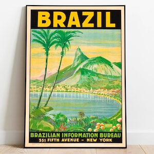 Cartel de viaje de Río de Janeiro / Impresión de viaje vintage / Impresión de arte de pared de Brasil / Decoración de pared con impresión de lienzo / Impresión enmarcada con percha / Impresión de póster