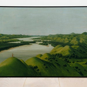 May include: A painting depicting a river winding through a lush green valley. The river is surrounded by rolling hills and trees, and the sky is a pale blue. A small figure stands on a hilltop in the foreground, looking out over the landscape.
