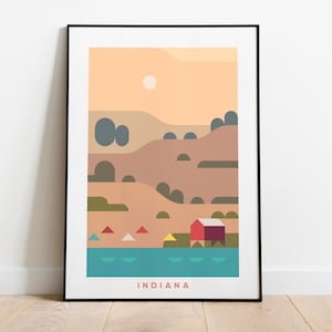 Impresión minimalista de carteles de viaje de Indiana / Decoración de pared de lienzo de arte / Impresión de arte enmarcado / Decoración de pared impresa / Arte de pared de Indiana