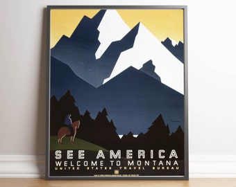 Montana Travel Poster| Vintage Travel Print| Montana Vintage Wall Art Print| Canvas Print Wall Decor| Hanger Framed Print| Poster Print
