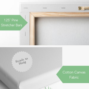 May include: Close-up of a white cotton canvas stretched over 1.25-inch pine stretcher bars. The canvas is ready to hang, with a wooden frame and a metal hanger. The word "CANVAS" is displayed in orange.