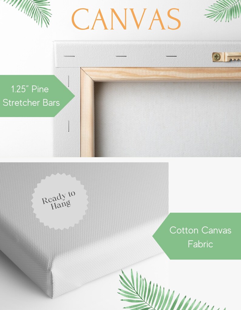 May include: Close-up of a white cotton canvas stretched over 1.25-inch pine stretcher bars. The canvas is ready to hang, with a wooden frame and a metal hanger. The word "CANVAS" is displayed in orange.