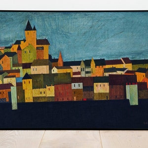 May include: A painting of a cityscape with a blue sky and a tall building in the center. The buildings are painted in shades of brown, yellow, and green. The painting has a textured, abstract style.