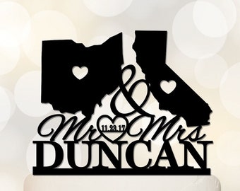 States Wedding Cake topper,Mr & Mrs Cake Topper,Last Name Cake Topper,Map Cake Topper,USA States wedding Theme,Personalized Cake Topper C202