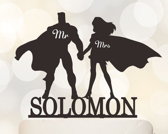 SuperHero Wedding Cake Topper, SuperHero Theme Decor, Couple Cake Topper, Superhero Silhouette, Mr Mrs Cake Topper, Funny Cake Topper c376