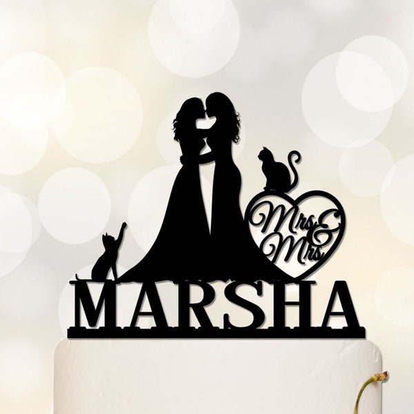 Lesbian Cake Topper | Same Sex Wedding Cake Topper | Lesbian Silhouette | Mrs And Mrs Cake Topper With Cat | Same Sex Wedding C364